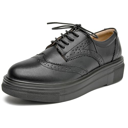 DADAWEN Femme Chaussures de Ville à Lacets Brogues Derbies Mocassins en Cuir Casual Mode Antidérapantes Noir Mat 40