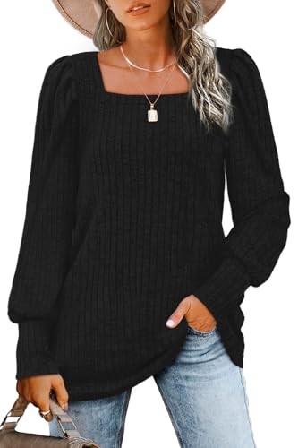 Image of WIHOLL Long Sleeve Shirts for Women Trendy Casual Square Neck Tops Lightweight Sweaters