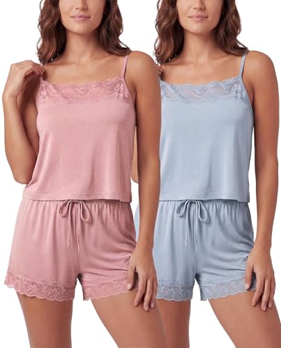 Image of Real Essentials 2 Pack: Women's Lace Trim Cami and Short Set Cute Pajama PJ Sleepwear Nightwear Pajamas Sleep Soft Drawstring
