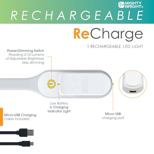 Image of The Original Mighty Bright Recharge Clip On Rechargeable Book Light Reading Light, Warm Eye Care LEDs, Flexible, Durable, Dimmable, Perfect for Kids, Bookworms, Reading in Bed, Lasts 60 Hours (White)