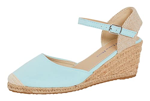 Lora Dora Sandales compensées en toile de jute pour femmes avec semelle à mémoire de forme, talons mi-hauts, espadrilles à la mode avec bride à la...