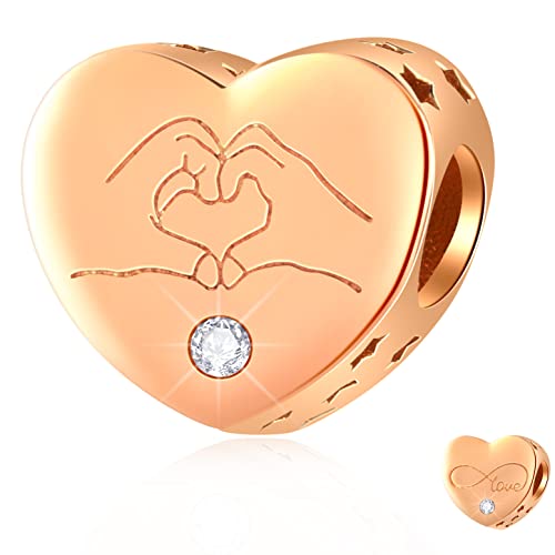 Image of Rose Gold I Love You in Your Hands Gesture Charms fit Pandora Mothers Day Bracelet, 925 Sterling Silver Infinity Love Heart Finger Beads with Little Stars, Gifts for Dad/Best Mum/Grandma