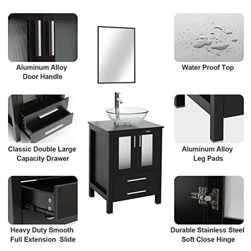 Eclife 24'' Modern Bathroom Vanity And Sink Combo Stand Cabinet And Glass Round Vessel Sink And 1.5 Gpm Bathroom Brass Faucet And Brass Pop Up Drain & Mounting Ring (Contemporary/A16 B02) #TOP3
