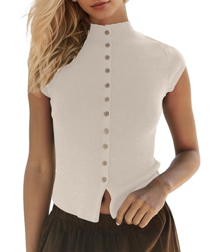 Image of Women Lightweight Mock Neck Button Down Open Front Cardigan Sweater Top Solid Cap Sleeve Slim Fit Knit Tee Shirts