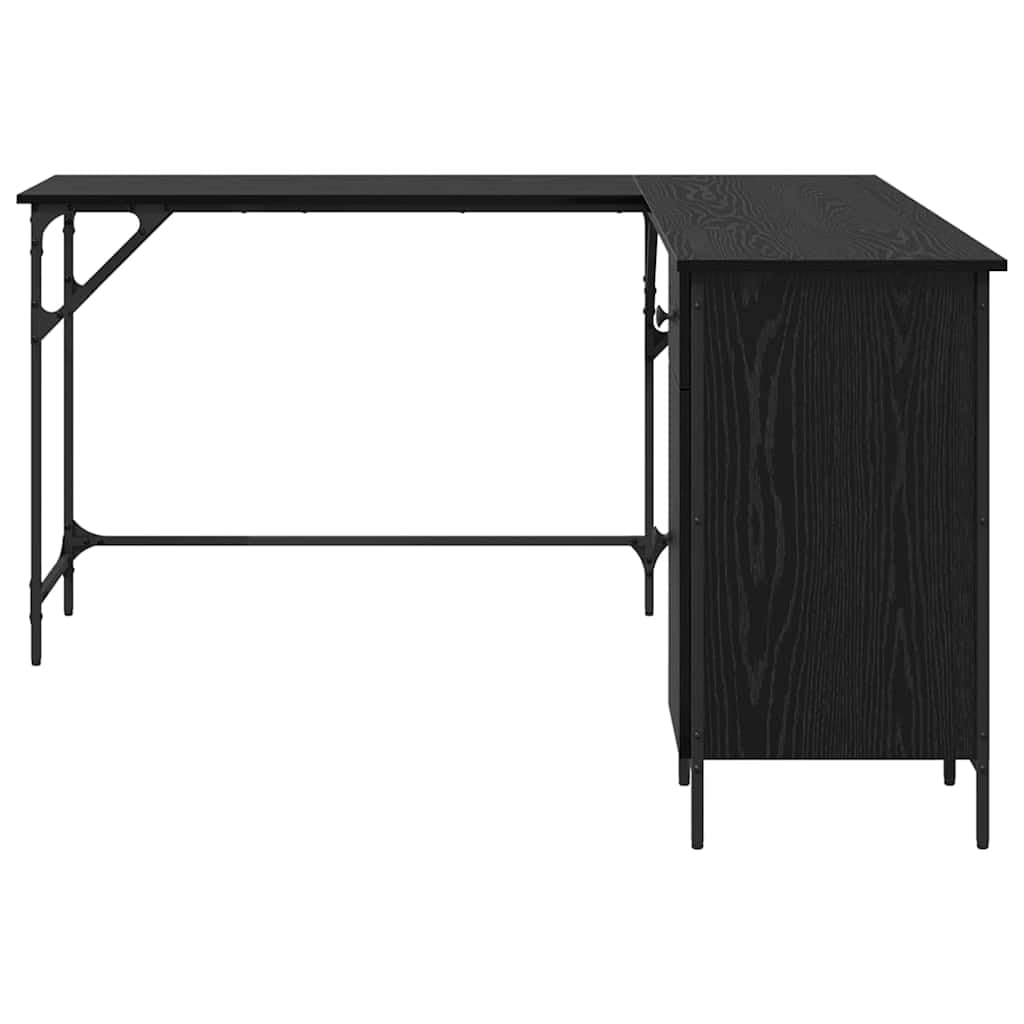 Regulowane biurko narożne o wyglądzie czarnego dębu 141 x 141 x 75 cm z regałem, materiał drewnopochodny, duże miejsce pracy na laptopa, do biura, biura