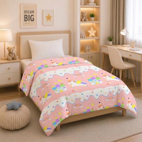 Image of Filymore Star Unicorn Comforter for Kids Girls - Cute Cartoon Print 300 TC Single Bed Blanket, Microfiber Dohar for Boys & Girls | Soft Kids Winter & Summer Quilt | 60x90 Inches (Peach)