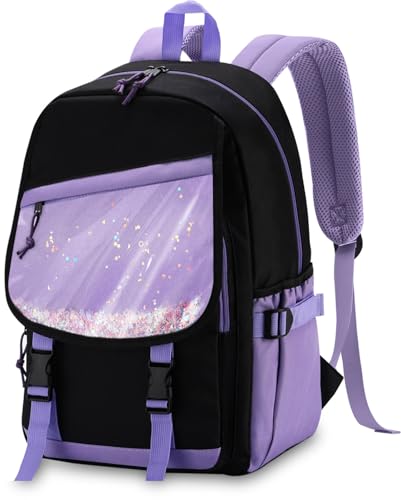 VASCHY Backpack for Girls, Cute Elementary School Bag Bookbag for Primary Schooler Kids with Sparkling Sequin Clear Pocket Black Purple
