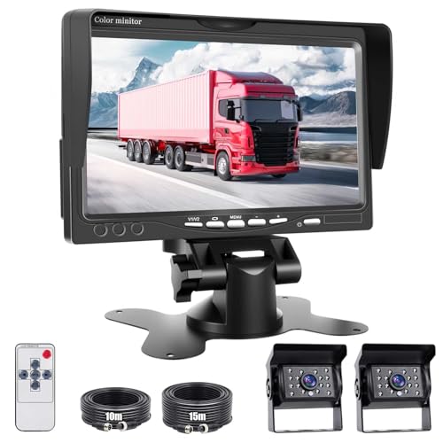 Hikity Pantalla de Visualización de Marcha Atrás con Dos Cámara Trasera, Monitor LCD de 7, Impermeable, Visión Nocturna, Cámara de Seguridad Set con Cable 15M/10M para Coche Camión Camper Remolque