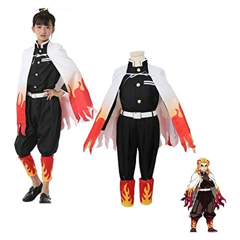 CGBF-Anime Demon Slayer Rengoku Kyoujurou Cosplay Costume, Child Aldult Fancy Dress Kimono Set for Halloween Game Party Outfit,Red,11 Years Cover