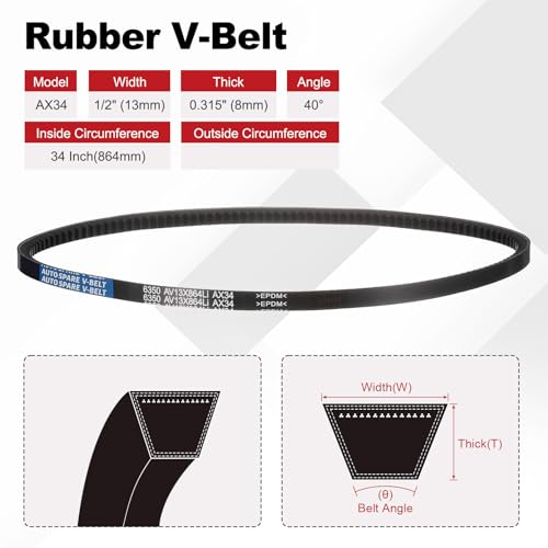 Image of AX34 Belt, Raw Edge Cogged Industrial Rubber EPDM V-Belt, Pack of 1 | 1 /2 inch(13mm) Width x 34 inch(864mm) Inside Circumference x 5 /16 inch(8mm) Height