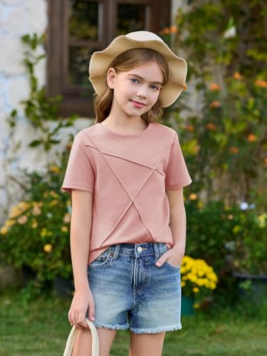 Haloumoning Girls Short Sleeve T Shirts Kids Summer Fashion Pleated Crewneck Tops Tees 5-14 Years3