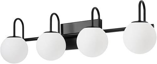 Miniatura 9 de Lámpara de baño de 2 luces, moderna lámpara de tocador de mediados de siglo sobre espejo, negro con pantalla de vidrio blanco leche, lámpara de
