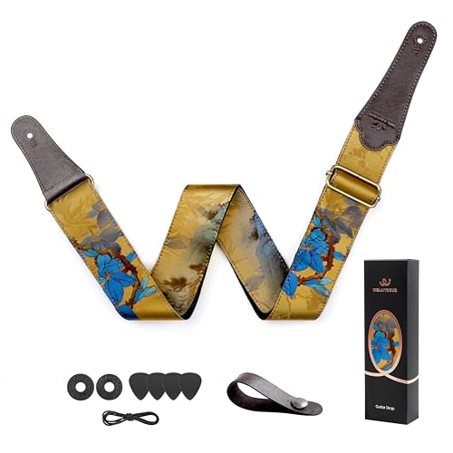 WELAIYOOUQ Guitar Strap, Electric& Acoustic Bass Guitar Straps,Embroidered Filament with Head Cowhide Leather Strap, with Free Strap Button,2 Guitar Strap Locks，4Guitar Pick （Magnolia)