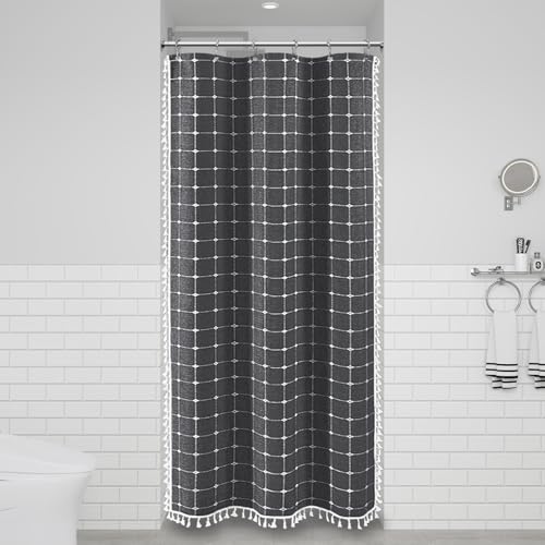 Image of BTTN Boho Shower Stall Curtain - 36x72 Narrow Linen Ultra Thick Tassel Fabric Shower Curtain Set with 6 Plastic Hook, Half Camper RV Modern Farmhouse Country Shower Curtain for Bathroom, Charcoal Grey