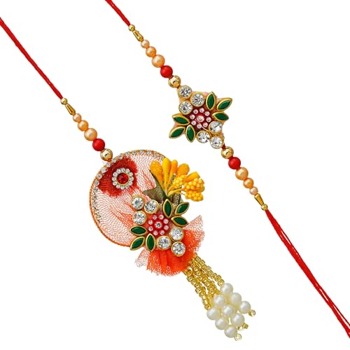 Image of eCraftIndia Multicolor Kundan Beads Designer Rakhis for Brother and Bhabhi | Bhaiya Bhabhi Rakhi Set of 2 | Lumba Rakhi for Bhabhi | Best Bro Ever Fridge Magnet | Roli Chawal Pack