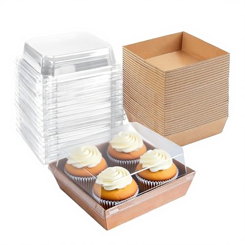 Yumzxin 50 Pack 12cm Paper Cake Slice Boxes with Clear Lids, Square Food Containers for Charcuterie, Desserts & Bakery (Brown)