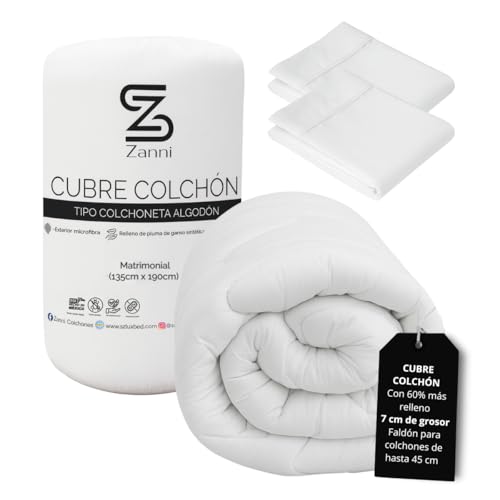 Listado de Colchoneta para colchon para comprar hoy. 41 ZANNI Cubre Colchón Tipo Colchoneta Algodón 100% + Funda Almohada de Regalo - Ultra Confort y Suavidad Superior, Relleno de 7 cm Máximo Soporte y Descanso Pleno; Matrimonial