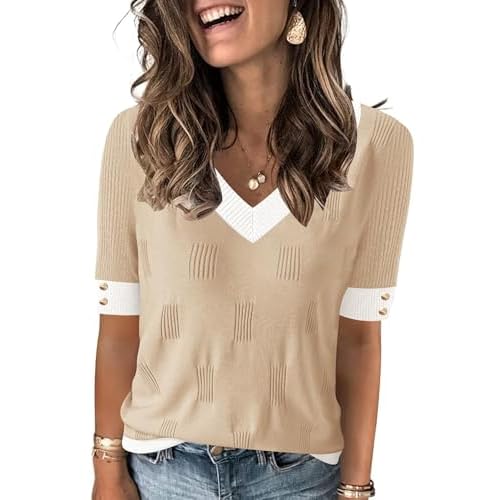 AKEWEI Womens V Neck Sweater Short Sleeve Lightweight Knit Spring Summer Tops with Decorative Buttons Apricot Color Block Medium
