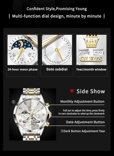 Image of OLEVS Automatic Men Watch Self Winding Mechanical Moon Phase Business Luxury Diamond Dress Stainless Steel Waterproof Luminous Mens Wrist Watch