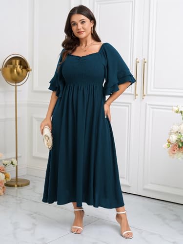 SCOMCHIC Womens Plus Size Maxi Dresses Smocked Square Neck Short Sleeve Wedding Guest Formal Flowy A-Line Long Dress3