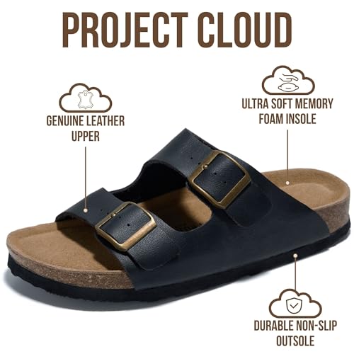 Image of Project Cloud 100% Genuine Leather Flat Sandals For Women 2026 Cork Footbed Womens Sandals with Memory Foam and arch support Vacation Essentials Slides for Women Footwear (Venita)
