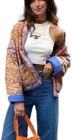 Vintage Floral Puffer Quilted Jacket Womens Coquette Cropped Padded Coat Boho Lightweight Cardigan Y2K Winter Outwear