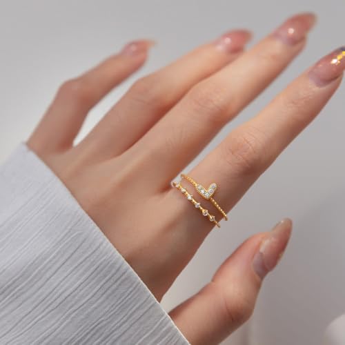 Heart Rings for Women,925 Sterling Silver Eternity Love Heart Promise Statement Ring to Daughter Mother 14K Gold Plated Layered CZ Stackable Open Rings Adjustable Christmas Birthday Jewelry Gift2