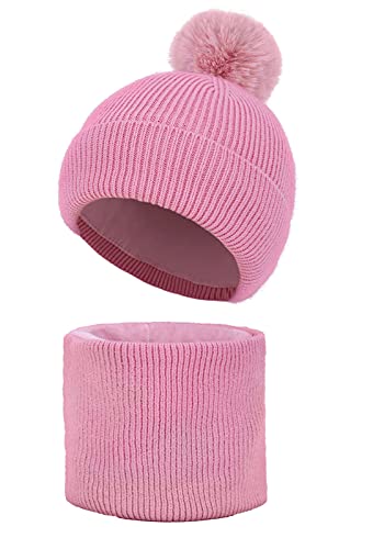 Kids Pom Pom Beanie Boys Girls Faux Fur Ball Warm Lined Knit Kids Winter Hat Set