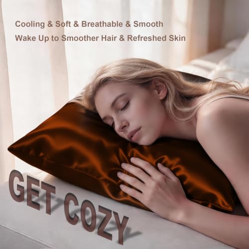 Image of LYSHIN Silk Pillow Cases 2 Pack Queen Size with Zipper, Orange | 19 Momme Mulberry Silk Pillowcase for Skin and Hair, Anti-Acne, Hypoallergenic, Cooling, Beauty Sleep, Gifts for Women