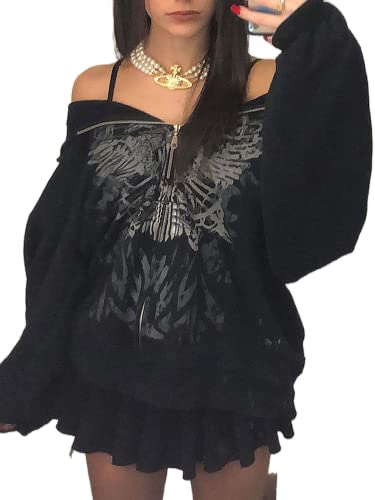 Women Y2k Oversize Long Sleeve Pullover Vintage Print Hoodie Zip Up Butterfly Crop Top Gothic E Girl Sweatshirt Outwear (GJ-Black, S)