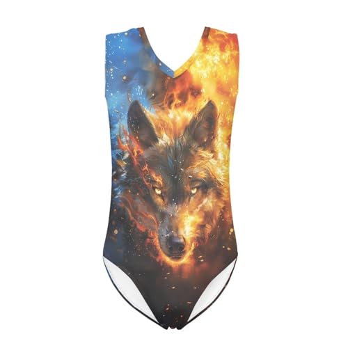 DISNIMOO Costume da bagno intero da bambina con stampa alla moda, body da ginnastica per bambini, 5-14 anni, Lupo di fuoco fiamma, 5-6 Anni