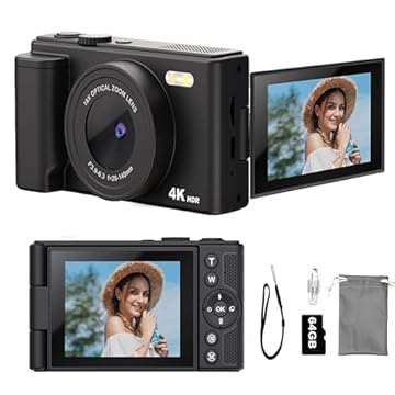 Câmera Digital 4K, Foco Automático, Fotográfica Vlog para YouTube, Cartão SD de 64G, tela LCD de 2.8", tela giratória de 180 graus, zoom digital de 16x, Câmeras Compactas para Viagens/Adolescentes