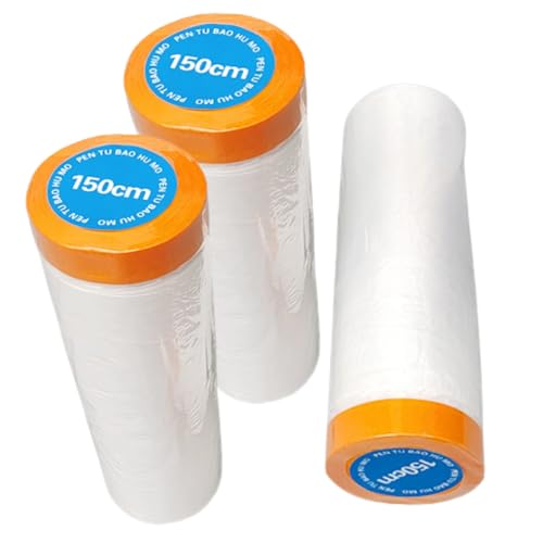 ideamall 養生シート マスカーテープ 塗装用マスキングテープ 透明 ロール テープ付き フィルム 3個セット (150cm)