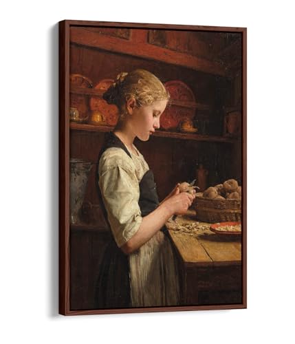 Toile Albert Anker Girl Peeling Potatoes cadre noyer tableau décoration murale