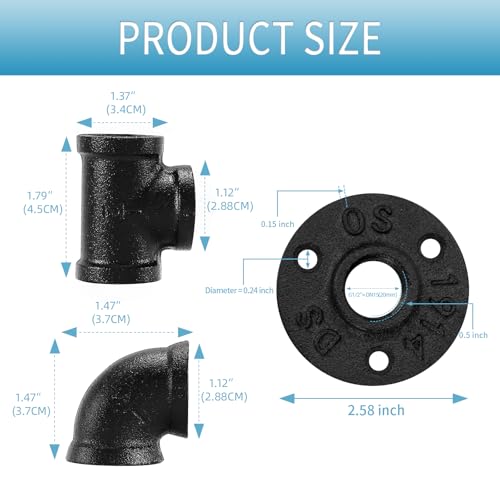 Home TZH 1/2" Black Pipe Fitting, 30 Pack Floor Flange/Elbow/Tee Combo for Industrial vintage style, Flanges/Elbow/Tee with Threaded Hole for DIY Project/Furniture/Shelving(30, Black 1/2") by Home TZH - Image 2