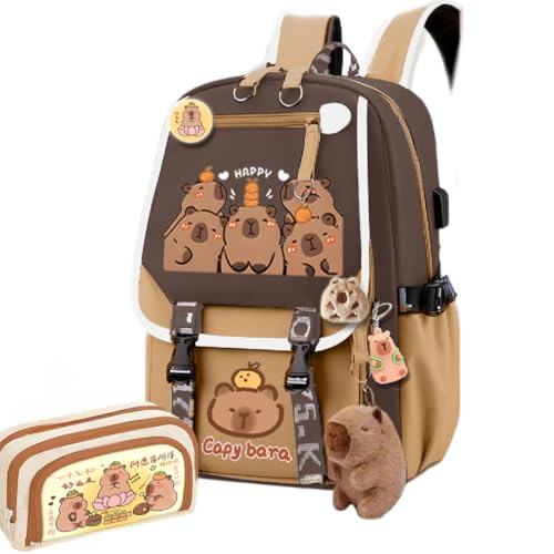 Kapibara Mochila de desenho animado capivara grande capacidade impermeável Kapibara coisas kawaii mochila com alfinetes e acessórios, Padrão 6