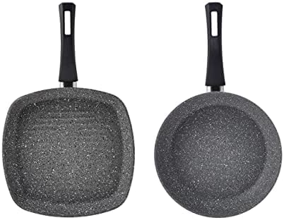 Karaca Gris Biogranite Grill Pan and Pan Set, 2 Pieces, 1 X Frying Pan 26 Cm, 1 X Grill Pan 28 Cm, Frying Pans, Crepe Pan Granite, Healthy Non-Stick Coating, 7X More Resisstant Against Scratches