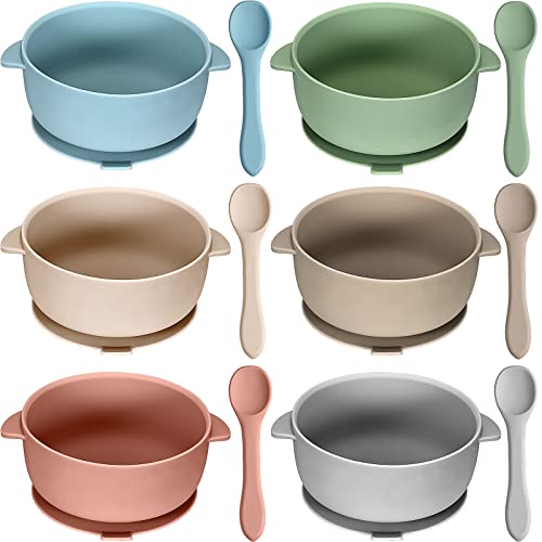 Image of Pinkunn 6 Set Baby Silicone Suction Bowls with Spoons BPA Free Baby Led Weaning Food Bowl Food Grade Toddler Food Storage Bowl Dishwasher Microwave Safe Feeding Set (Light Color)