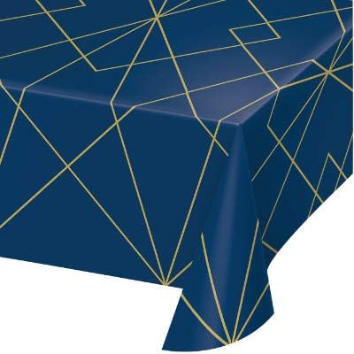 Geometric Design Wedding Tableware, Navy and Gold Foil Lines Printed Plastic Tablecover 54 Inch x 102 Inch, Box of 6