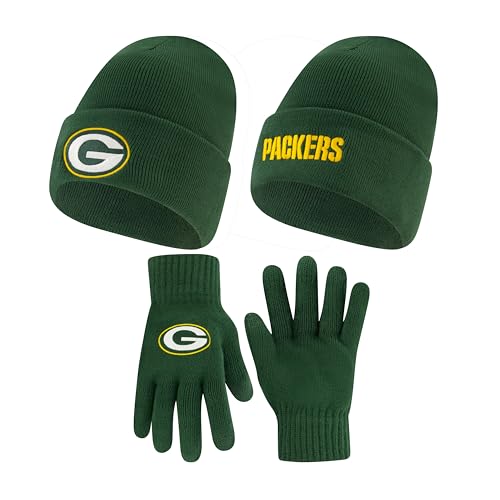 Ultra Game Adults NFL Official Super Soft Winter Beanie Knit Hat with Extra Warm Touch Screen Gloves Green Bay Packers Team Color One Size