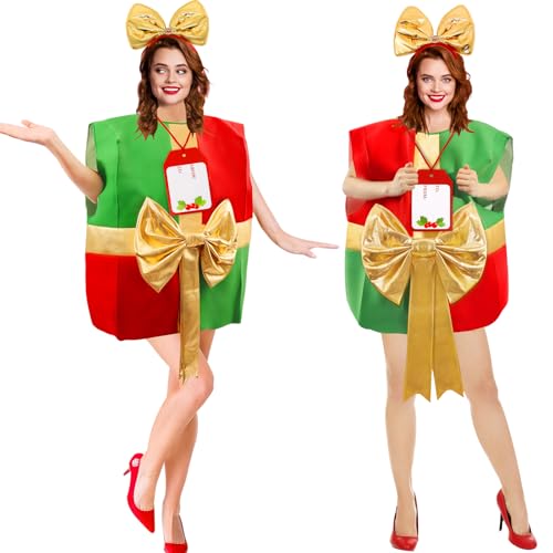 Boyigog Weihnachtskostüme für Erwachsene Weihnachtsgeschenkbox Kleidung mit Goldener Schleife Kostüm mit Haarband Karten, Lustig Weihnachtskostüm für Damen