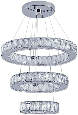 Modern 3 Rings Crystal Pendant Ceiling Light Fixture, LED DIY Crystal Chandeliers Lighting Fixture Adjustable Stainless Steel Round Crystal Ceiling Pendant Lamp for Dining Room(20+30+40 Cold White)