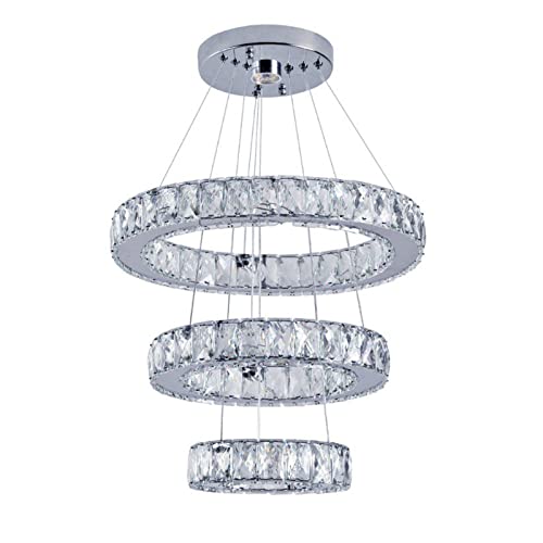 Modern 3 Rings Crystal Pendant Ceiling Light Fixture, Led Diy Crystal Chandeliers Lighting Fixture Adjustable Stainless Steel Round Crystal Ceiling Pendant Lamp For Dining Room(20+30+40 Cold White) #TOP1