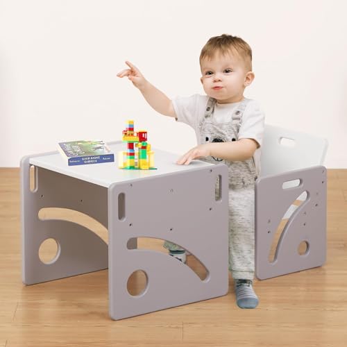 Image of FUNLIO Height Adjustable Toddler Table and Chair Set for Age 1-3, Quality Solid Wood Montessori Table and Chair Set, Weaning Baby Table Chair Set, Easy to Assemble, CPC Certified - Grey