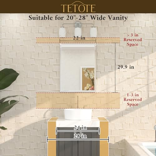 Image of TETOTE 22 inch x 30 inch Frameless Bathroom Mirror Tempered Beveled Shatterproof Mirror for Bathroom, Vanity, Wall Mounted