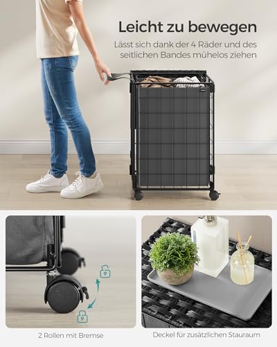 Rollender Wäschekorb Mit Deckel – 90L Schlank, Faltbar & Ohne Montage | Wäschesortierer Aus Rattan Mit Rollen & Abnehmbarem Beutel