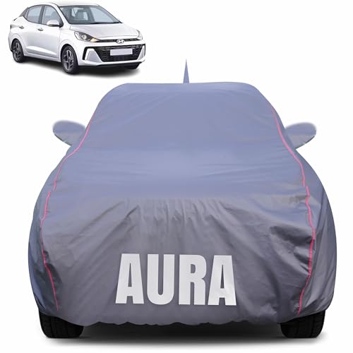 Image of 100% Waterproof Car Body Cover for Hyundai Aura (2020-2025) with Mirror Pocket (Heat & UV Resistant, Triple Stitched, Soft Lining, Bottom Elastic & Piping) Grey
