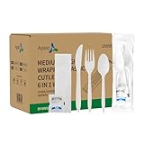 Apsic 250 Sets 5.5inch Plastic Cutlery Packets, Medium Weight Individually Wrapped White Disposable Plastic Cutlery Packs(Fork Spoon Knife Napkin Salt Pepper 6 in 1)