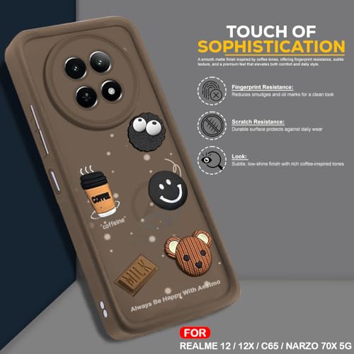 Image of AESTMO Back Case Cover for Realme 12X / 12 / C65 / Narzo 70X 5G | Cute Fun Cartoon 3D Ball | Coffee Silicone Case | Full Body Protection | Camera Protection Back Cover (Brown)