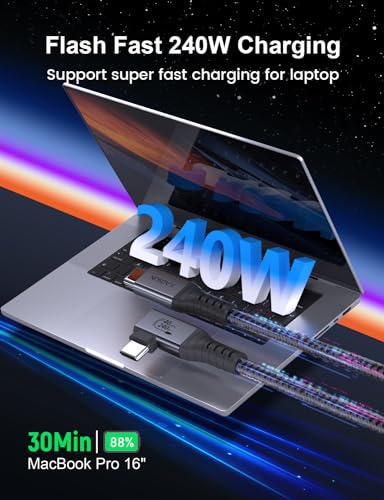 Image of XAOSUN 240W USB4 for Thunderbolt 4 Cable 5.9ft, 90 Degree Right Angle Thunderbolt 4 Cable, Support 240W Charging, 40Gbps Transfer, 8K HD Display for iPhone 15 Pro Max MacBook Thunderbolt Dock Tablet